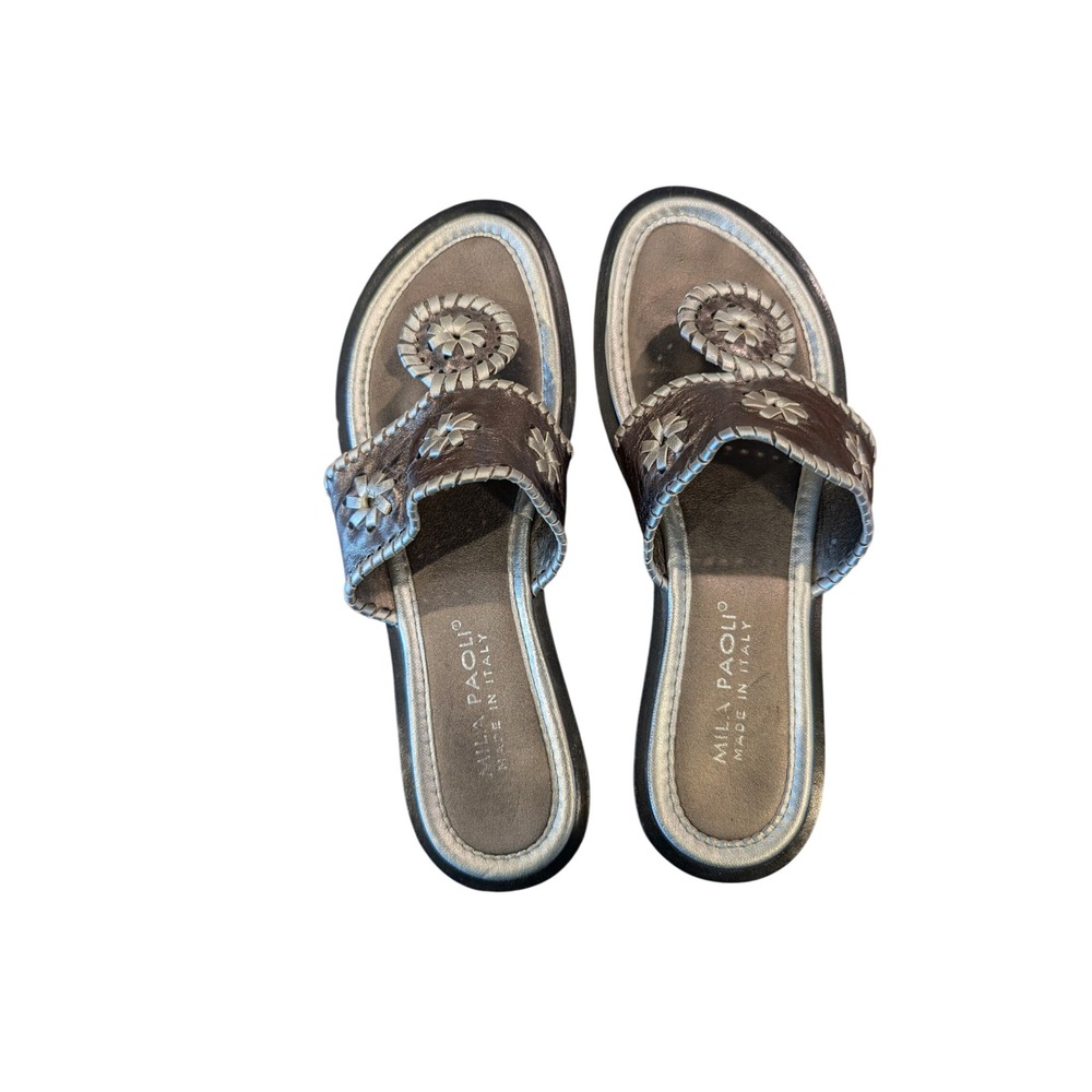 Mila Paoli Italy Womens Metallic Silver Leather Whipstitch Thong Sandals Size 7